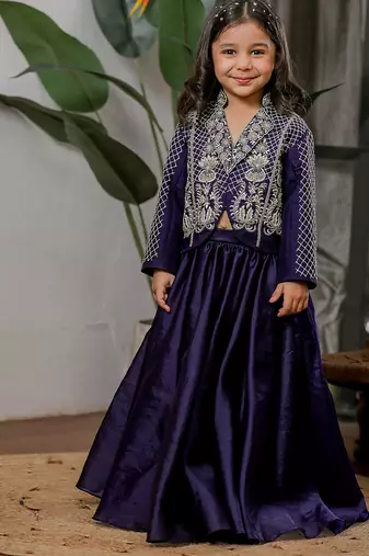 Navy blue embroidered velvet jacket lehenga set