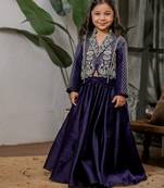 Navy blue embroidered velvet jacket lehenga set