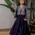 Navy blue embroidered velvet jacket lehenga set