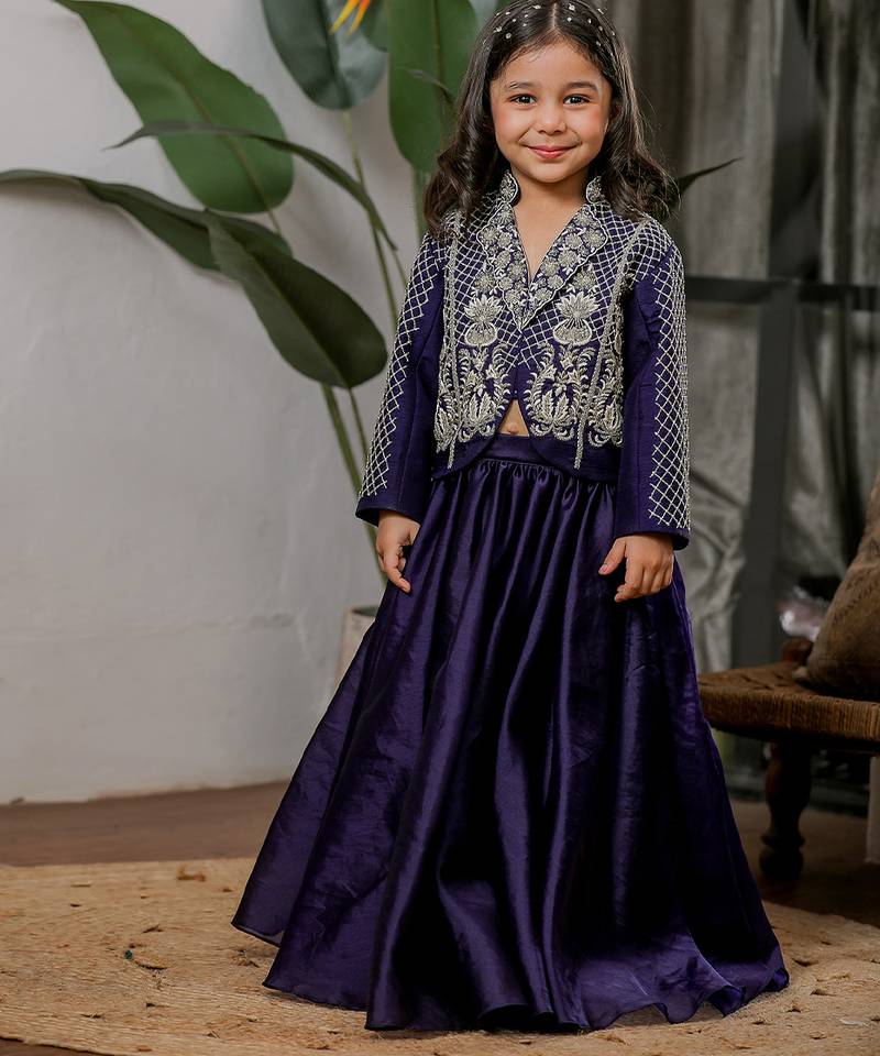 Navy blue embroidered velvet jacket lehenga set