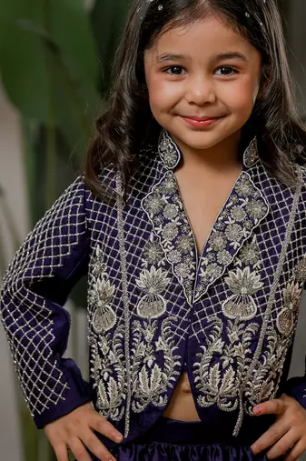 Navy blue embroidered velvet jacket lehenga set