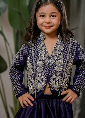 Navy blue embroidered velvet jacket lehenga set 3