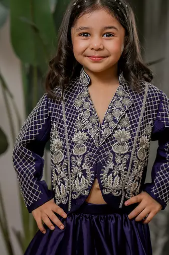 Navy blue embroidered velvet jacket lehenga set