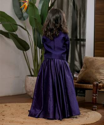 Navy blue embroidered velvet jacket lehenga set 5