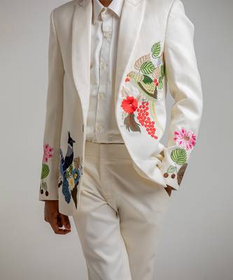 Ivory embroidered cotton tuxedo set 5