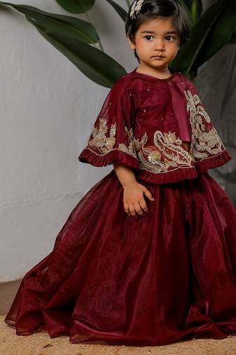 Maroon embroidered organza satin lehenga set