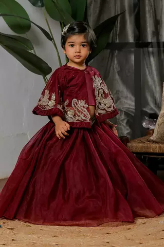 Maroon embroidered organza satin lehenga set
