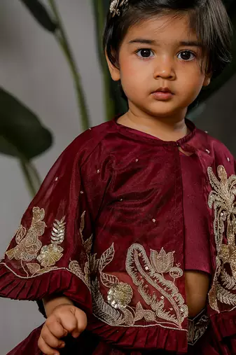 Maroon embroidered organza satin lehenga set