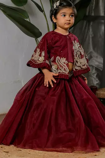 Maroon embroidered organza satin lehenga set