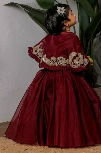 Maroon embroidered organza satin lehenga set