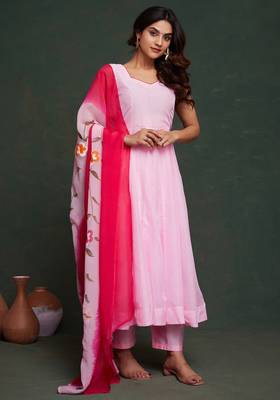 Viscos organza suit with viscose dayeble organza hand painted dupatta stiched  suit 2