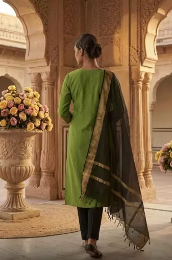 Mahendi woven jaquard straight kurti dupatta with pant