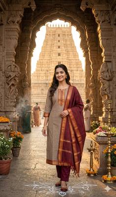 Coffee woven jaquard straight kurti dupatta with pant 1