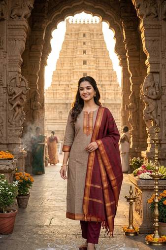 Coffee woven jaquard straight kurti dupatta with pant