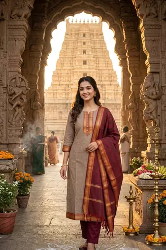 Coffee woven jaquard straight kurti dupatta with pant