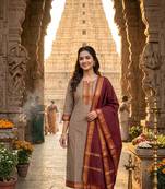 Coffee woven jaquard straight kurti dupatta with pant