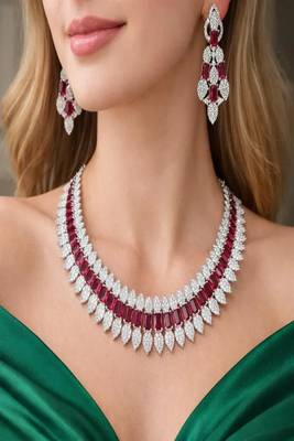Ruby CZ Bridal Jewelry Set: Silver Choker Necklace & Dangle Earrings 1