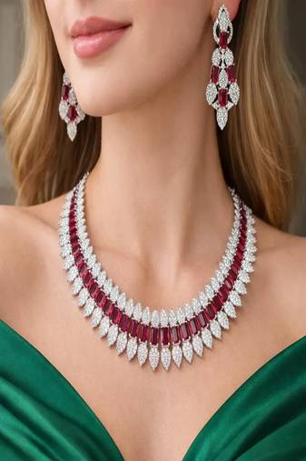 Ruby CZ Bridal Jewelry Set: Silver Choker Necklace & Dangle Earrings