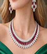 Ruby CZ Bridal Jewelry Set: Silver Choker Necklace & Dangle Earrings