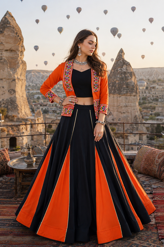orange kutchi mirror work rayon cotton navratri lehenga choli