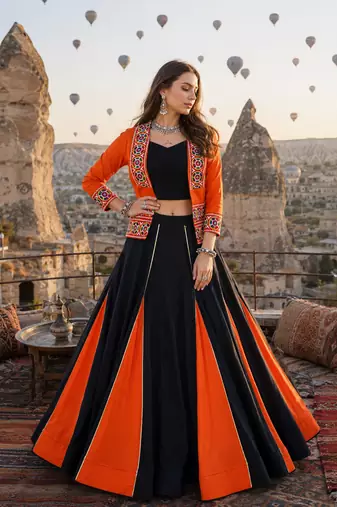 Orange Rayon Cotton Navratri Lehenga Choli with Kutchi Mirror Work Koti