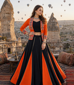 Orange Rayon Cotton Navratri Lehenga Choli with Kutchi Mirror Work Koti