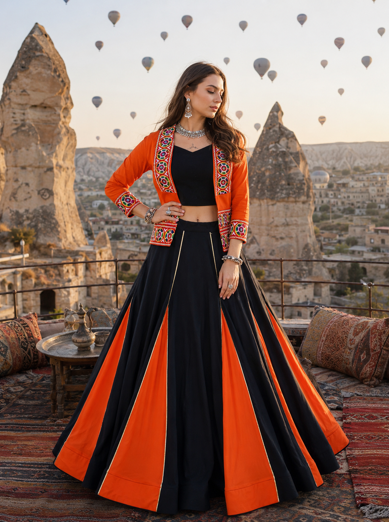 Orange Rayon Cotton Navratri Lehenga Choli with Kutchi Mirror Work Koti