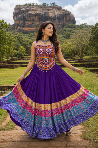 Purple Rayon Cotton Navratri Lehenga with Gamthi Embroidered Designer Top