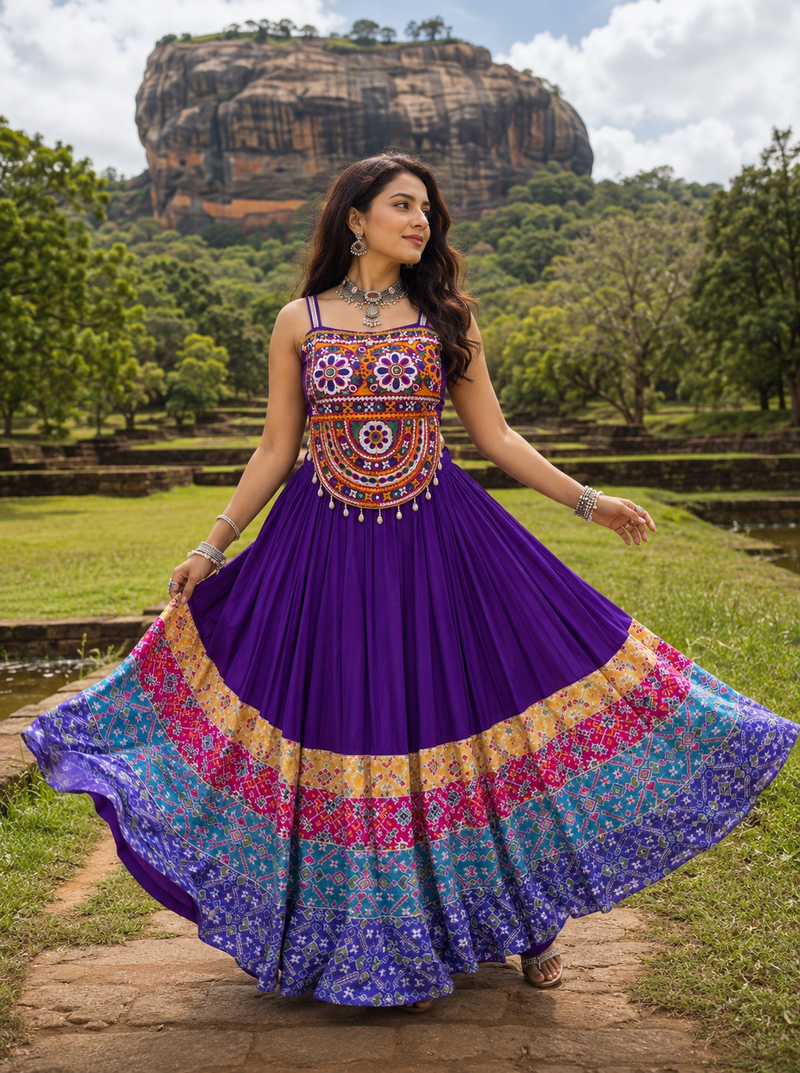 Purple Rayon Cotton Navratri Lehenga with Gamthi Embroidered Designer Top