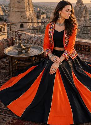 Orange Rayon Cotton Navratri Lehenga Choli with Kutchi Mirror Work Koti 2