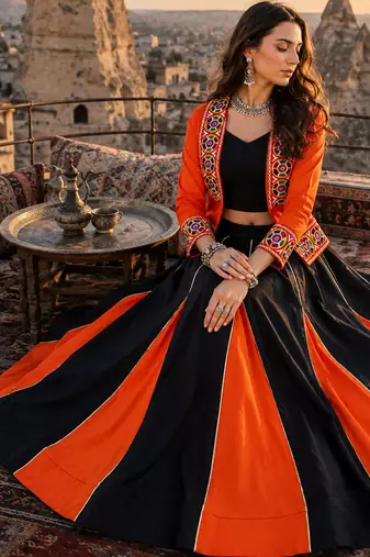 Orange Rayon Cotton Navratri Lehenga Choli with Kutchi Mirror Work Koti