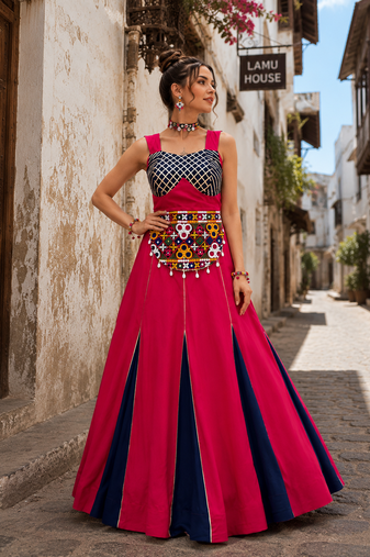 Coral Rayon Cotton Navratri Lehenga Choli with Kutchi Work