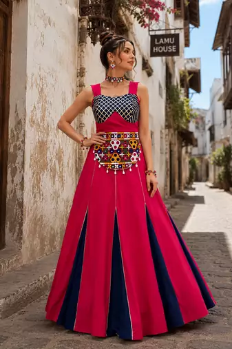 Coral Rayon Cotton Navratri Lehenga Choli with Kutchi Work