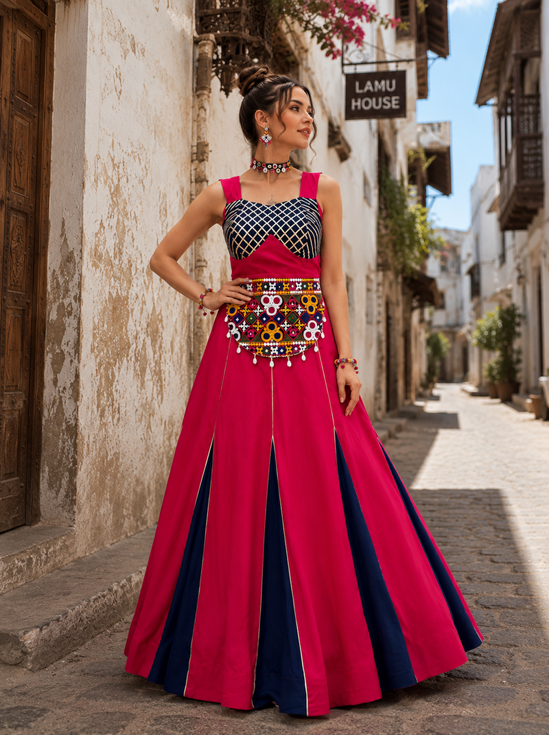 Coral Rayon Cotton Navratri Lehenga Choli with Kutchi Work