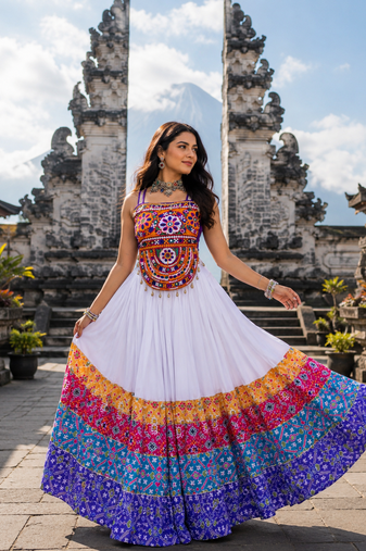 White Navratri Rayon Cotton Lehenga Choli with Gamthi Work Top