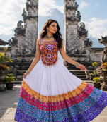 White Navratri Rayon Cotton Lehenga Choli with Gamthi Work Top