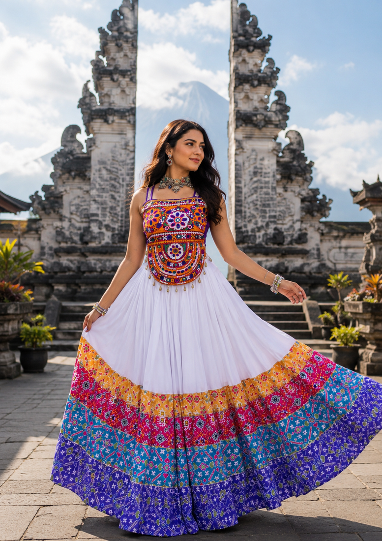 White Navratri Rayon Cotton Lehenga Choli with Gamthi Work Top