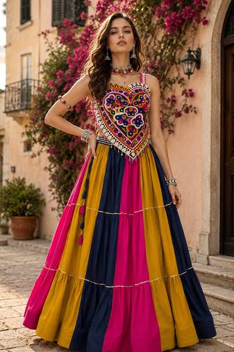 Multicolor Navratri Rayon Cotton Lehenga Choli with Kutchi Mirror Work Blouse