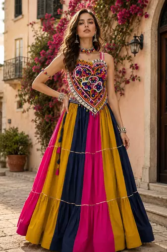Multicolor Navratri Rayon Cotton Lehenga Choli with Kutchi Mirror Work Blouse
