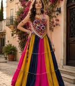 Multicolor Navratri Rayon Cotton Lehenga Choli with Kutchi Mirror Work Blouse