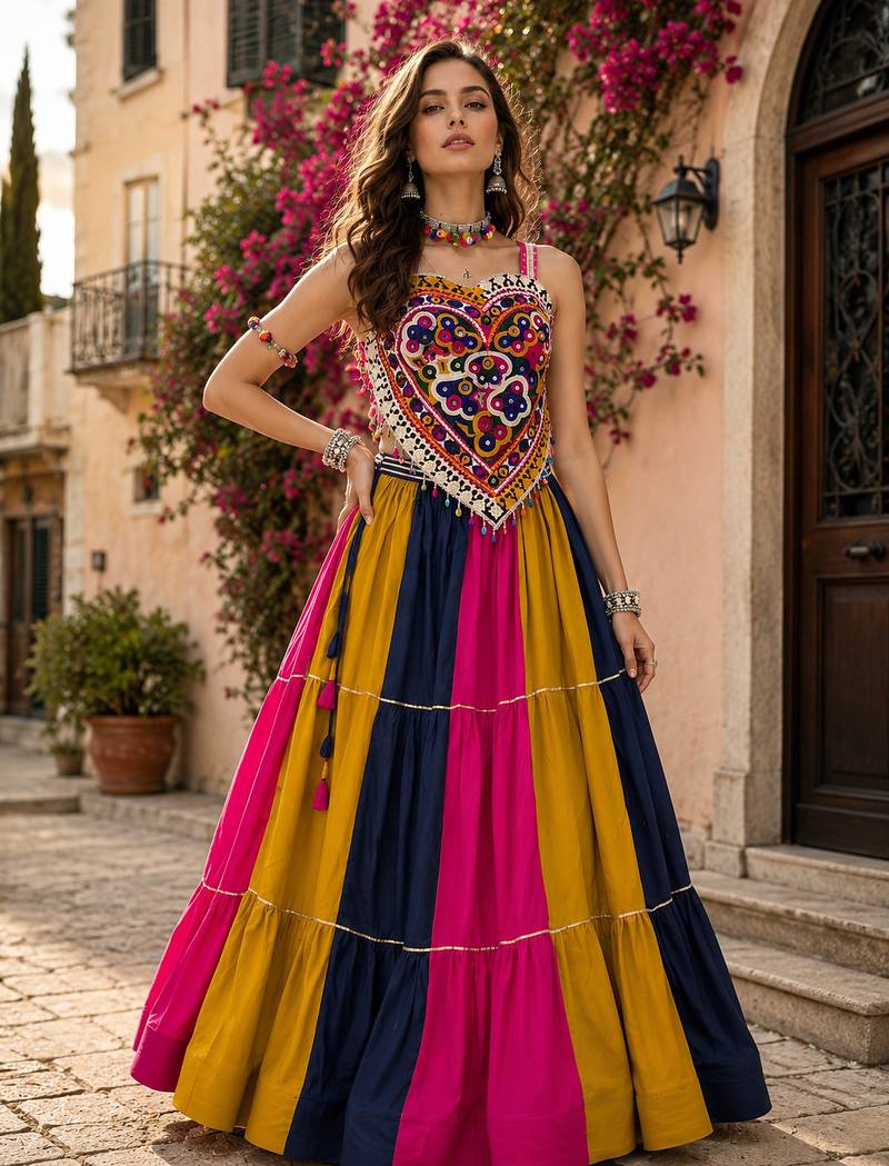 Multicolor Navratri Rayon Cotton Lehenga Choli with Kutchi Mirror Work Blouse