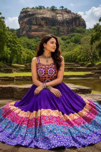 Purple Rayon Cotton Navratri Lehenga with Gamthi Embroidered Designer Top