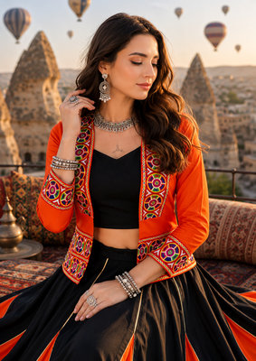 Orange Rayon Cotton Navratri Lehenga Choli with Kutchi Mirror Work Koti 3