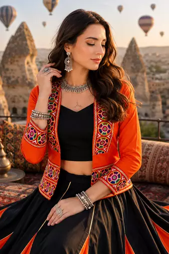 Orange Rayon Cotton Navratri Lehenga Choli with Kutchi Mirror Work Koti
