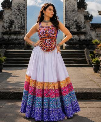 White Navratri Rayon Cotton Lehenga Choli with Gamthi Work Top 2
