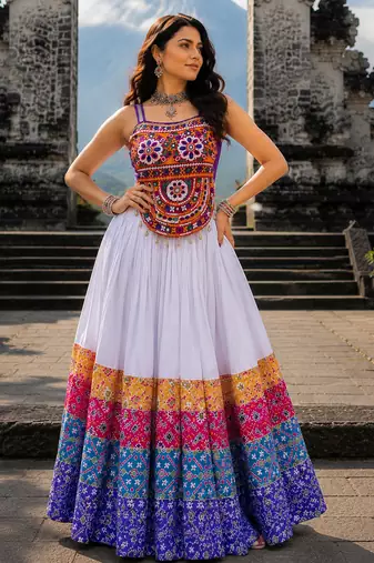 White Navratri Rayon Cotton Lehenga Choli with Gamthi Work Top