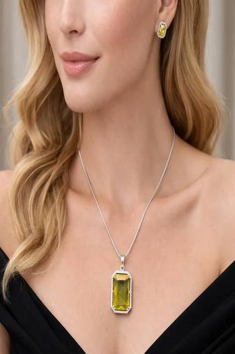 Yellow Stone Necklace & Stud Earrings Set | Silver Tone Halo, Elegant Brass