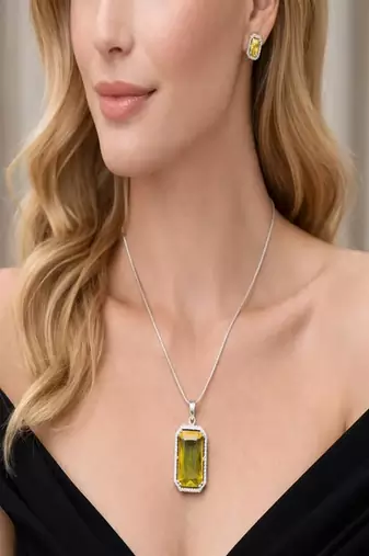 Yellow Stone Necklace & Stud Earrings Set | Silver Tone Halo, Elegant Brass