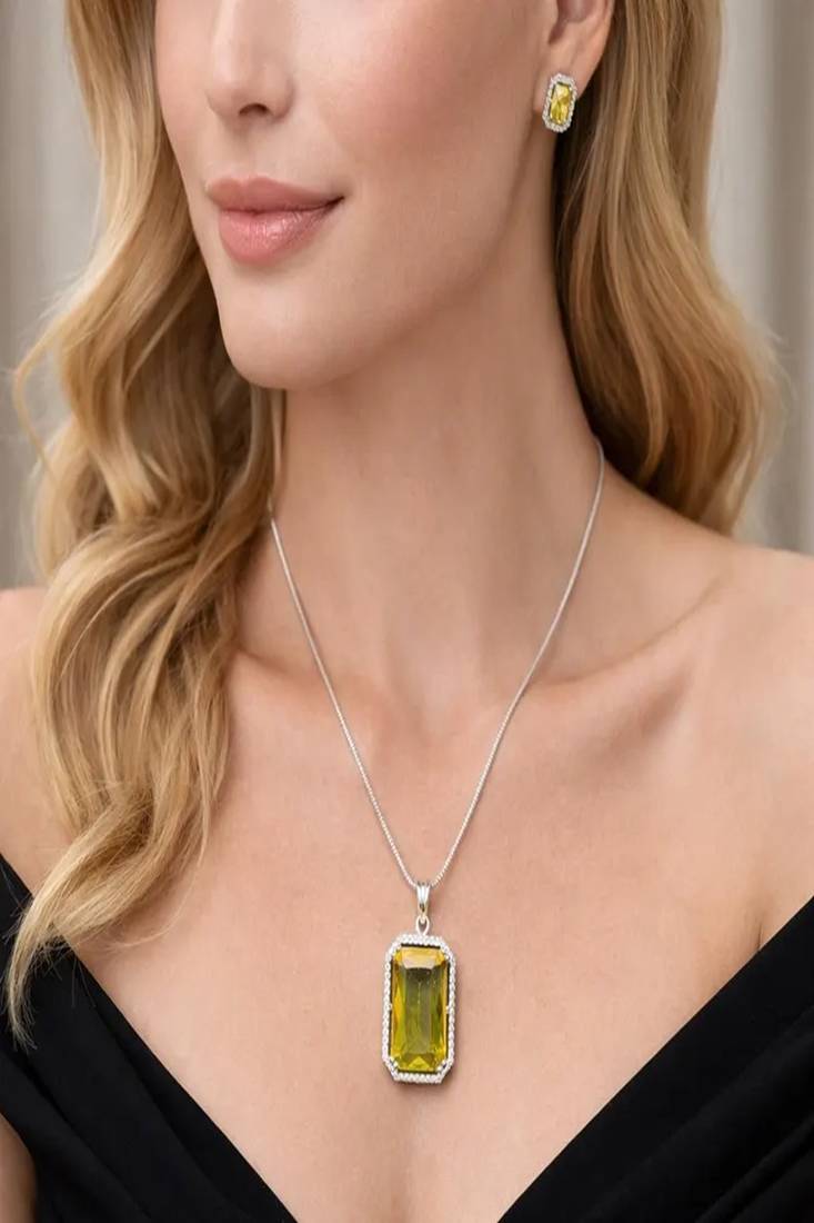 Yellow Stone Necklace & Stud Earrings Set | Silver Tone Halo, Elegant Brass