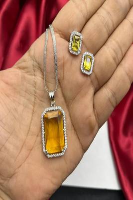 Yellow Stone Necklace & Stud Earrings Set | Silver Tone Halo, Elegant Brass 2